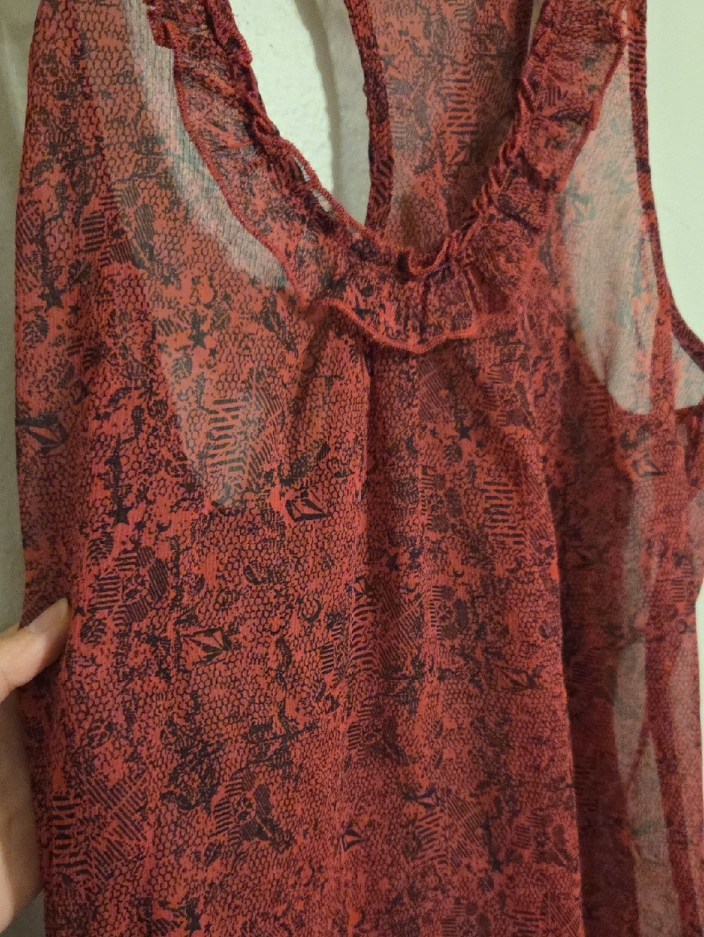 Volcom Pink And Black Patterned Sheer Ruffle-Trim Racerback Tank - Picture 2 of 4